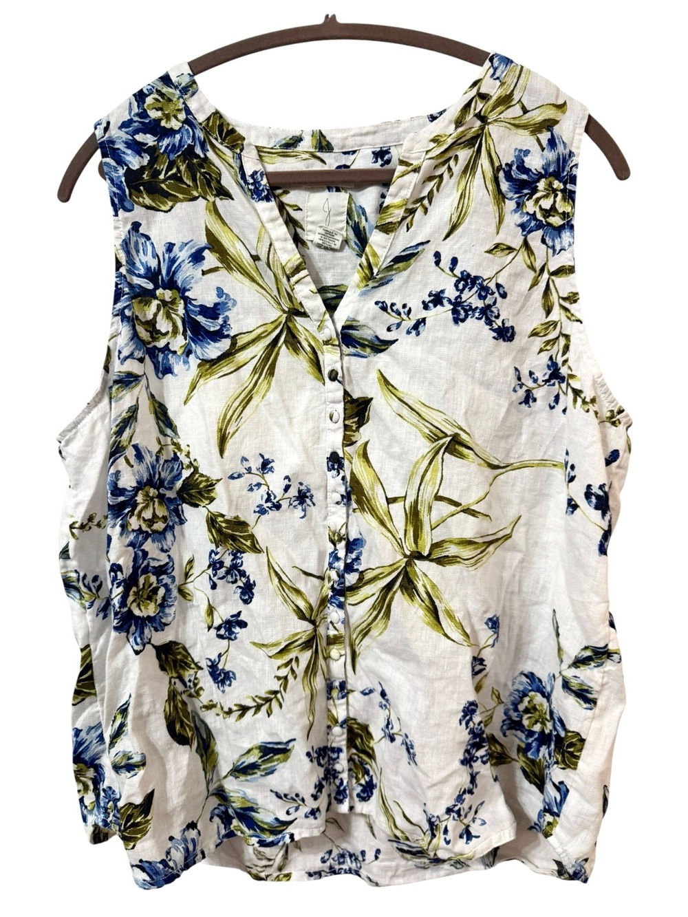 Joie 100% Linen White Sleeveless Blouse Blue & Green Floral Print Cloth Buttons